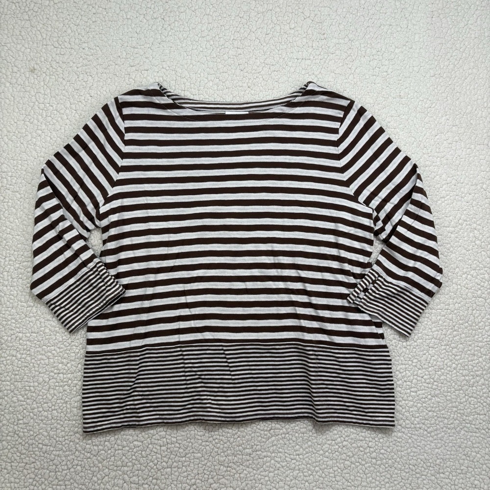 J.Jill Brown White Stripe 3/4 Sleeve L Petite Tunic Minimalist Boho Cotton Rayon